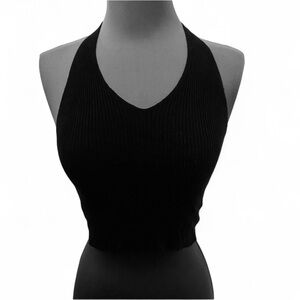 EFFORDRAM BLACK RIBBED KNIT V NECK CROPPED HALTER TOP SIZE SMALL